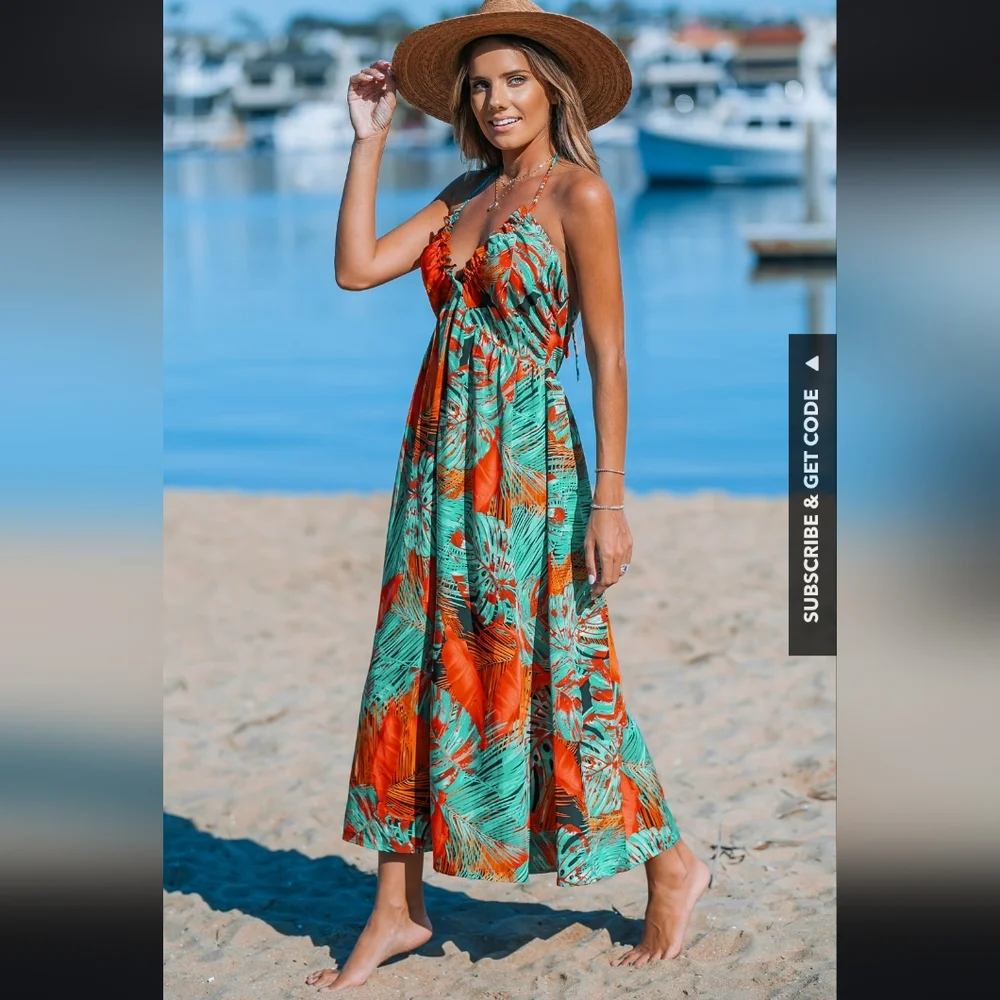NWT Cupshe tropical abstract halter next maxi dress $45 small Backless summer - Picture 1 of 12
